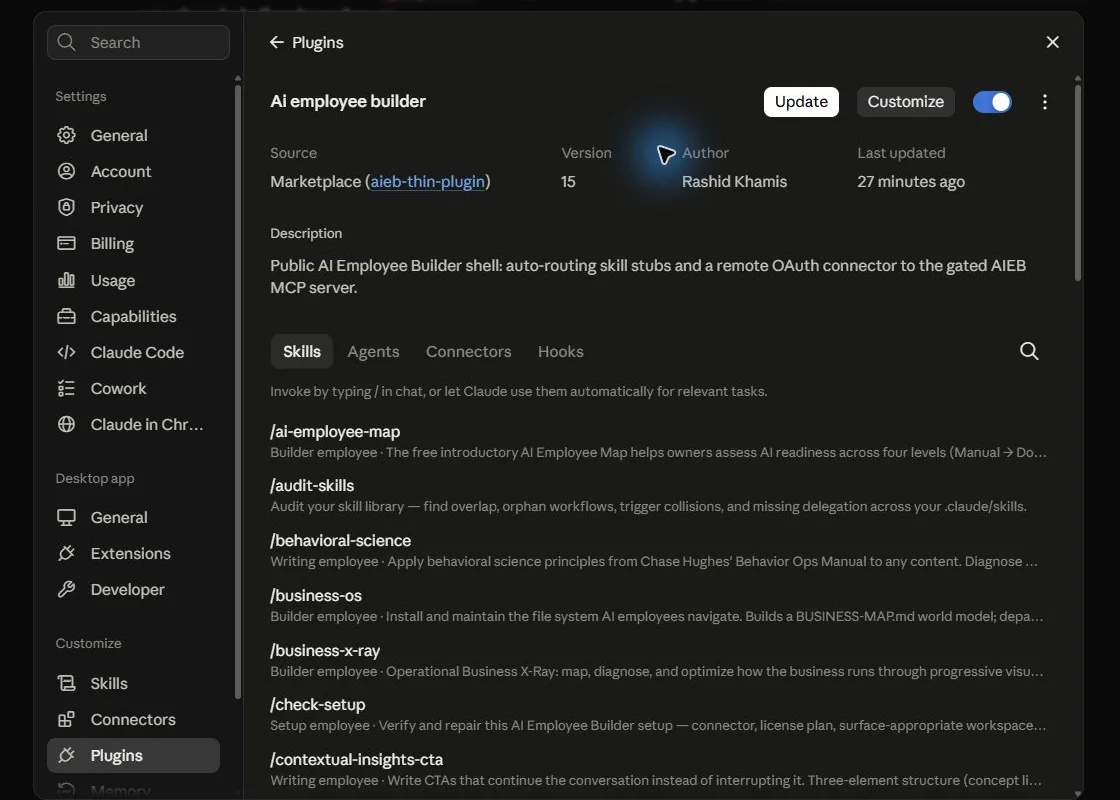 The AI Employee Builder plugin page in Claude's settings, with its list of skills